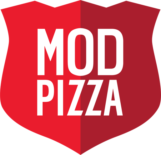 The logo for MOD Pizza, featuring text on a red shield.