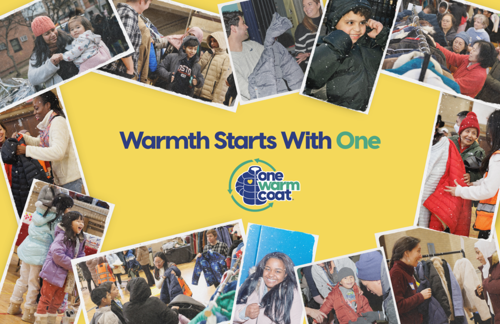 A collage of people in winter coats with the text "Warmth Starts With One" and the logo for One Warm Coat.
